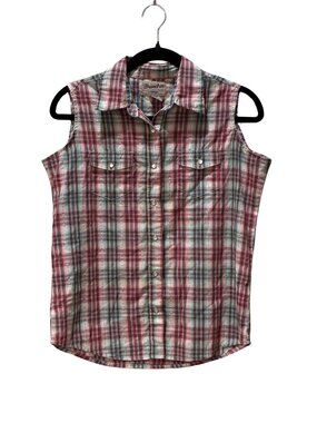 Wrancher Wrangler Women's Sleeveless Plaid Pearl Snap Western Shirt Metallic Y2K